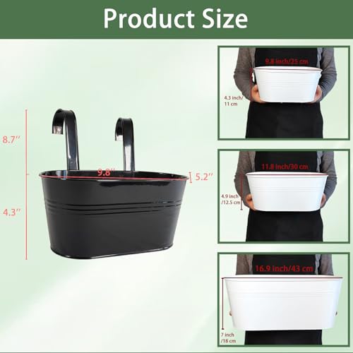 10" Metal Hanging Planter for Railing with Detachable Hooks, Black, 2 Pcs - color: Black