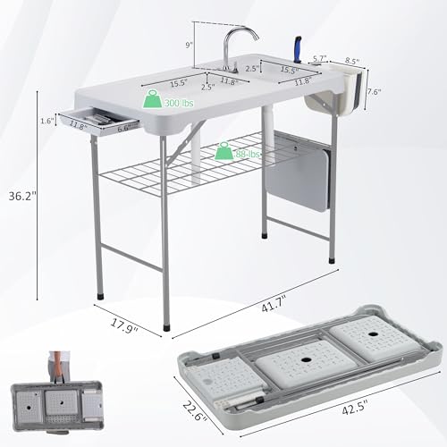 Dragosum 42" Outdoor Fish Cleaning Table with Double Sinks & 6pc Kit (Grey) - color: White & Grey, size: without Grill Extension Board