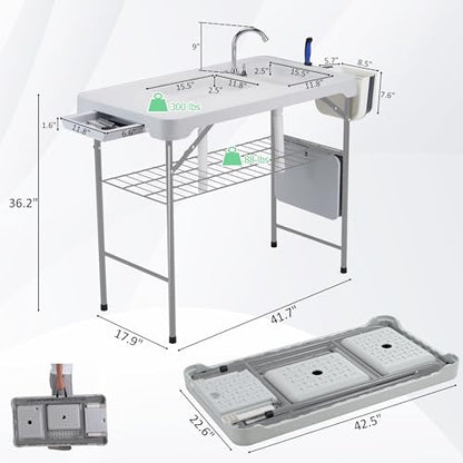 Dragosum 42" Outdoor Fish Cleaning Table with Double Sinks & 6pc Kit (Grey) - color: White & Grey, size: without Grill Extension Board
