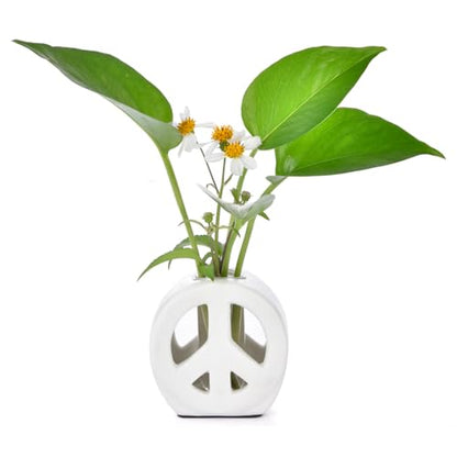 Propagation Vase, 2-in-1 Small Flower Vase and Aromatherapy Diffuser, Handcrafted Ceramic with Clear Glass Root Observation Tubes, Modern Desktop Centerpiece for Plant Lovers - color: White Peace Sign