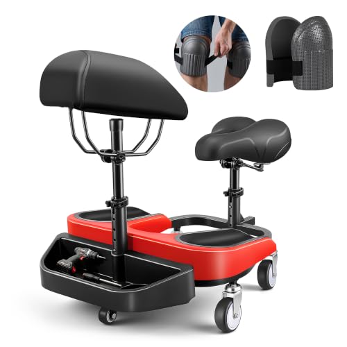 Kneeling Sitting Creeper with Chest Support, Rolling Knee Pads with Adjustable Seat & Tool Tray, 3-Inch Multi-Terrain Casters & Anti-Flip Protection for Tile Flooring, Auto Repair & Gardening