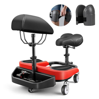 Kneeling Sitting Creeper with Chest Support, Rolling Knee Pads with Adjustable Seat & Tool Tray, 3-Inch Multi-Terrain Casters & Anti-Flip Protection for Tile Flooring, Auto Repair & Gardening