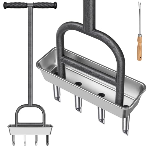 Dolibest Lawn Coring Aerator, Manual Grass Aerating Tool with Stainless Steel Soil Core Storage Tray, 4 Stainless Steel Corer Plug Aerator Tool, Garden Tool & Clean Hand Tool, Improve Lawn Health - color: A: 4 Plugs Coring Aerator with Storage Tray