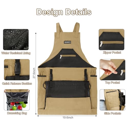 Garden Apron,Harvest Aprons with Drawstring Bag and Pockets for Women and Men,Canvas Fruit Picking Apron - color: Brown
