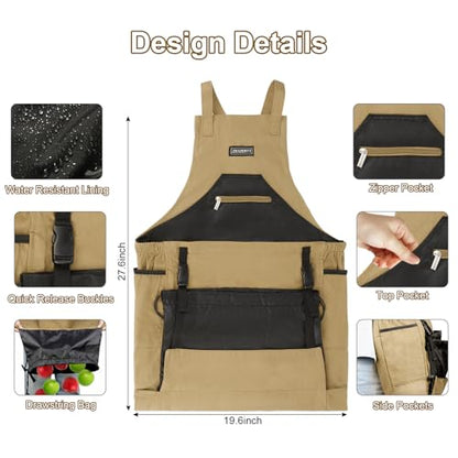 Garden Apron,Harvest Aprons with Drawstring Bag and Pockets for Women and Men,Canvas Fruit Picking Apron - color: Brown