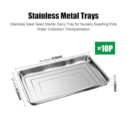 RooTrimmer 10 Pack Large Stainless Steel Seedling Trays, Heavy Duty Metal Water Catch Trays for Nursery Pots Transplant, Seed Germination & Propagation Flats (17.5 inch×13.56 inch, 1.18" Height) - size: Large-10P