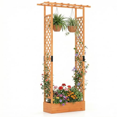 Giantex Wooden Raised Garden Bed with Trellis & Hanging Roof, Fir Wood Planter Box, 89” Freestanding Elevated Garden Bed for Outdoor Climbing Plants Vegetables Flowers, Patio & Balcony, Orange - color: Orange, size: 43”x14”x89”
