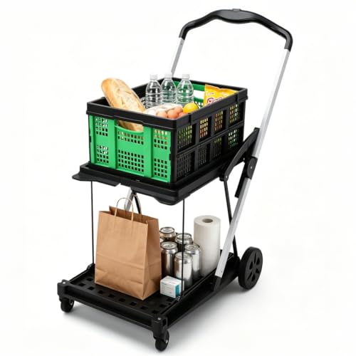 Versatile 2-Tier Folding Garden Trolley – Removable Crate, Lightweight Collapsible Utility Cart with Wheels for Groceries, Home, Yard, Portable Rolling Market Cart, Green - color: Green