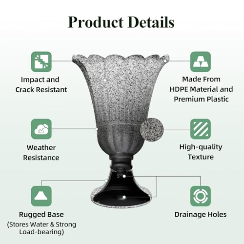 Tall Plastic Urn Planters and Pedestal - 24" Outdoor Planter Grey - color: Heather Gray-petal
