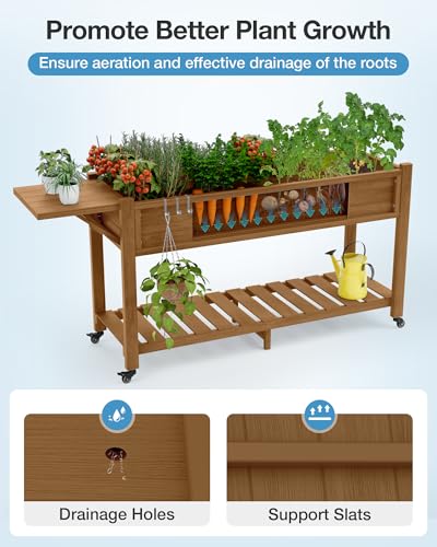 YEFU Raised Garden Bed with Legs, HIPS, Waterproof, 57x18x30in, 2pcs, Teak - color: Teak, size: All-in-One Rolling Planter(2PCS)