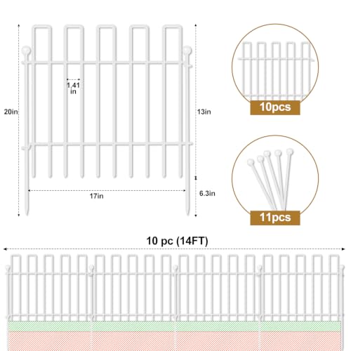 10 Panels No Dig Animal Barrier Fence, 13in(H) x 14ft(L) Garden Edging Border Fencing, Rustproof Metal Decorative Garden Fence, Dog Digging Defense Fencing Barrier for Outdoor, Yard, Patio, White - size: 10 Panels, 13in(H) x 14ft(L) White