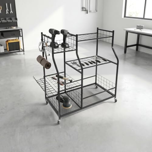 Tool Organizer, Rolling Garden Tool Storage Rack with Wheels Black