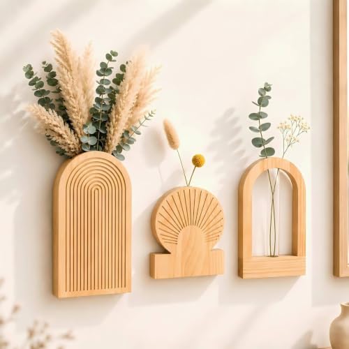 TBWIND Wooden Wall Vases Set of 3, Wall Planters with Glass Tube Kit - color: Natural