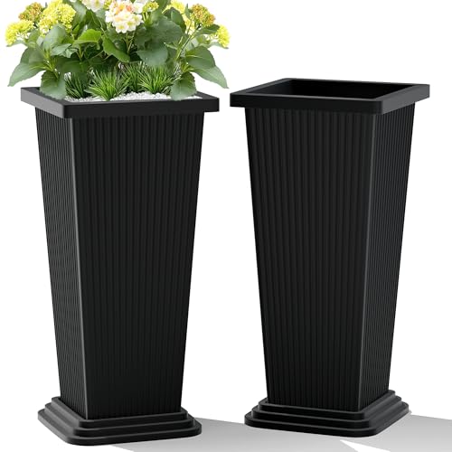 TUYOHW Set of 2 Large Tall Planter for Indoor or Outdoor 24" Flower Pots Tapered Tall Planters with Tray for Porch, Patio, Backyard, Large Planters for Outdoor Indoor Plants(Black,Striped) - color: Square Ribbed Black