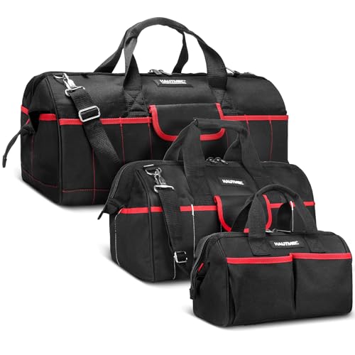 HAUTMEC 3-Piece Large Tool Bag Set (12” / 18” / 24”), Heavy-Duty 1680D Wide Mouth Tool Bag with Metal Frame, Foldable Tool Tote Bag with Non-Slip Base, Double Zippers & Padded Shoulder Strap – HT0297 - style: 3-Piece Set | 12"/18"/24"
