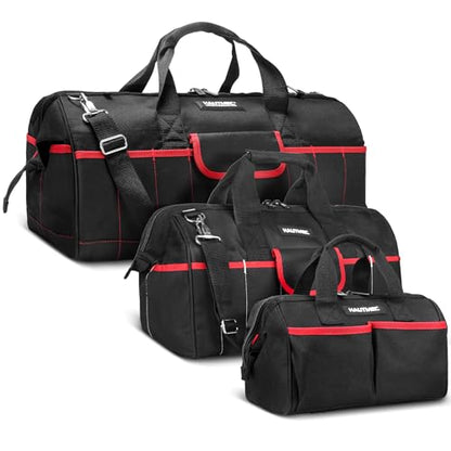 HAUTMEC 3-Piece Large Tool Bag Set (12” / 18” / 24”), Heavy-Duty 1680D Wide Mouth Tool Bag with Metal Frame, Foldable Tool Tote Bag with Non-Slip Base, Double Zippers & Padded Shoulder Strap – HT0297 - style: 3-Piece Set | 12"/18"/24"