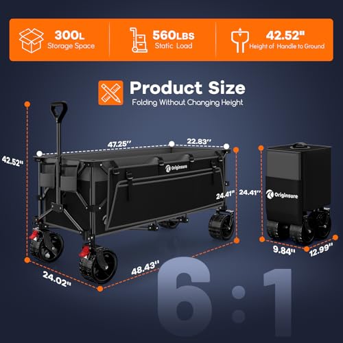 Originsure 300L Beach Wagon Cart Foldable with Big Wheels,560lbs,Grey&Black - color: Grey&black