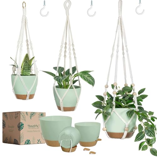 Bouqlife Self Watering Hanging Planters for Indoor Plants 3 Pack Macrame Plant Hangers with Drainage Holes Pots and Hooks for Home Garden Decor Green - color: Self Watering Green, size: Medium