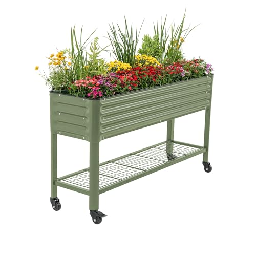 Vego garden Rolling Elevated Raised Garden Bed, 1.5' x 5.5' Outdoor Planters Boxes with Legs & Storage Rack for Patio, 750 Lbs Weight Capacity, Raised Beds for Gardening, Olive Green - color: Olive Green, size: 1.5' x 5.5'