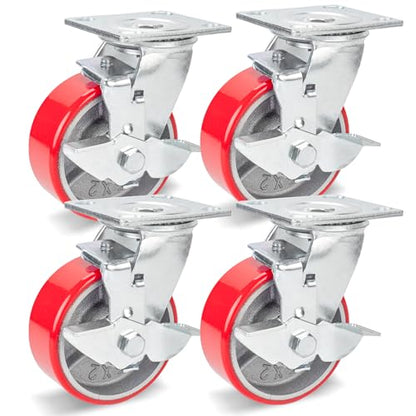 Nefish 5 Inch Industrial Casters Set of 4, Heavy Duty Casters with Brake 4000 Lbs, No Noise Polyurethane Wheel on Steel Hub, Swivel Plate Caster Wheels for Toolbox Workbench (4 Swivel & Brakes) - size: 5 IN （Brake）