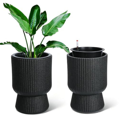Garvee Self-Watering Planters, Set of 2, 14.2 Inch Tall Plant Pots - color: Black