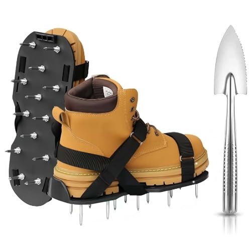Lawn Aerator Shoes with Hook & Loop Straps with Shovel for Grass, Heavy Duty Spiked Aerating Sandals for Yard Patio Lawn Garden, Aerator Lawn Tool or Screed Shoes, One Size Fits All, Black Epoxy Shoes