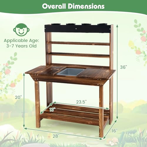 GLACER Potting Bench for Kids, Outdoor Wood Kids Garden Table with Removable Sink, Open Shelves, 4 Pots, Toy Gardening Center Playset, Kids Potting Table Mud Kitchen, Gift for Boys Girls Aged 3+