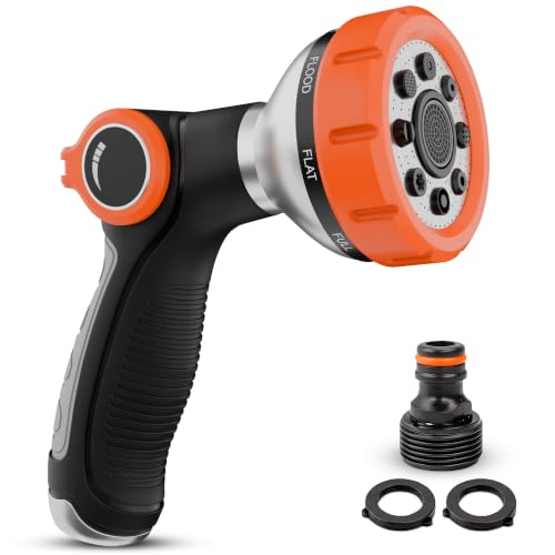 Metal Hose Sprayer Nozzle, 8 Spray Patterns, Flow Control, Black & Orange - color: Metal-Orange