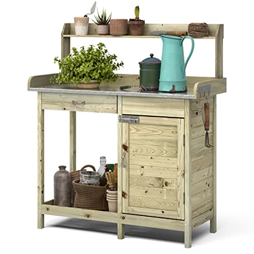 ARNOT Outdoor Potting Bench with Stainless Steel Tabletop, Wooden Garden Workstation with Storage Shelves for Planting, Repotting and Gardening Tools, Natural Fir Wood, 44" x 18" x 49.5"