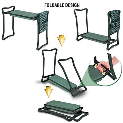 Garden Kneeler And Seat - Protects Your Knees, Clothes From Dirt & Grass Stains - Foldable Stool For Ease Of Storage - EVA Foam Pad - Sturdy and Lightweight - Bench Comes With A Free Tool Pouch!