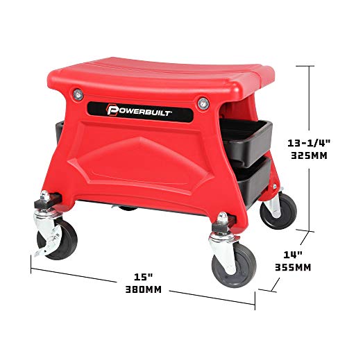 Powerbuilt Rolling Garage Seat with Tool Trays, Smooth Ball Wheel Bearing Casters 300 Pound Capacity Stool, Detailing, Motorcycle, Gardening - 240283 - size: Compact