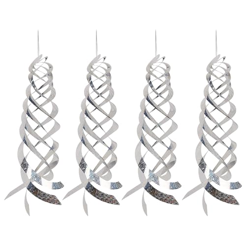 Spiral Reflective Bird Repellent Device 4Pcs, 17.8 Inch Silver Bird Deterrent Hanging Ornament, Wind-Activated Rotating Reflector, for Garden, Yard, and Balcony Window Bird Control