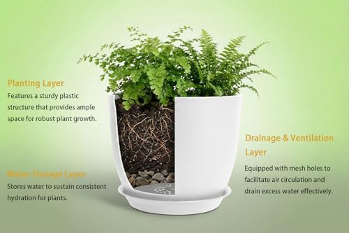 8 Inch Plant Pots Set of 4, Plastic Planters with Drainage Holes and Tray, Flower Pots for Indoor Outdoor Plants and Flowers (White) - color: White