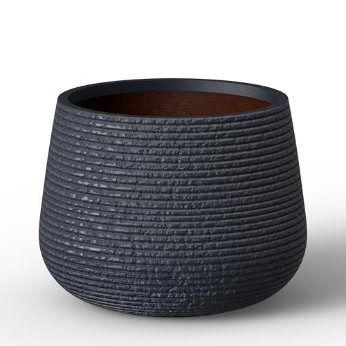 Kante Small Round Curved Charcoal Concrete Planter 12.6" Dia, Outdoor - color: Ribbed Charcoal, size: 12.6"Dia x 9.8"H