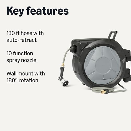 Amazon Basics Retractable Garden Hose Reel, 130 Foot, Wall Mounted, 10-Pattern Spray Nozzle, 180° Swivel Bracket - size: 130ft