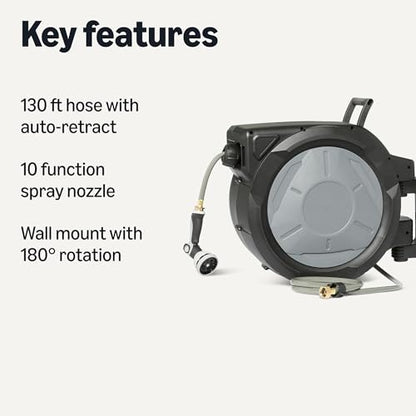 Amazon Basics Retractable Garden Hose Reel, 130 Foot, Wall Mounted, 10-Pattern Spray Nozzle, 180° Swivel Bracket - size: 130ft