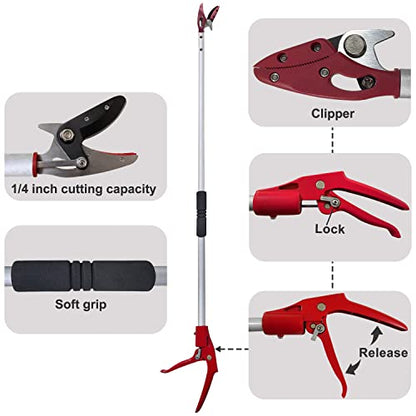 Tree Trimmer, 6 Foot Pole Pruner, Long Reach Pruning Shears, Cut and Hold Garden Clippers, Aluminum Lightweight Handle Fruit Picker, Branch Bypass Loppers