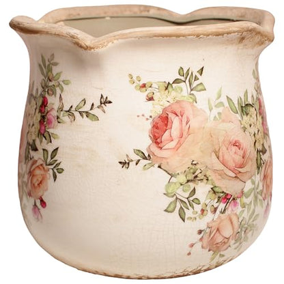 Ceramic Flower Vase, Rustic Farmhouse Vases & Planting Pots with Drainage - color: Ivory Blush Floral
