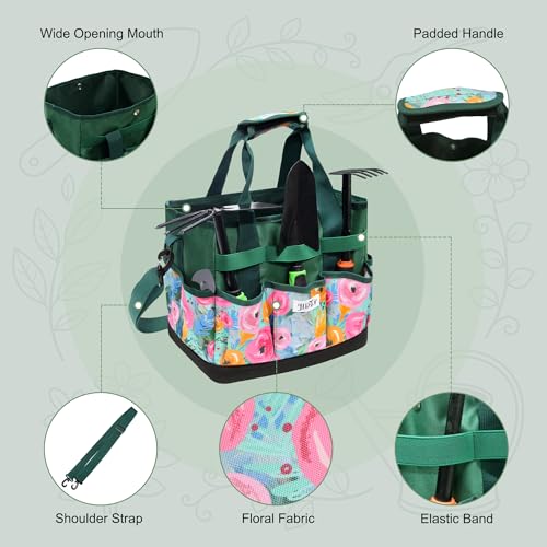 Hard Bottom Floral Garden Tool Tote Bag with Shoulder Strap - color: Green Floral