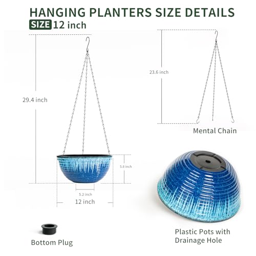 12 inch Large Hanging Planters for Indoor Outdoor Plants, Set of 2 Glazed Hanging Flower Pots with Drainage Hole, Hanging Baskets for Garden Home Porch Decor - color: Blue Glaze, size: 12 Inch
