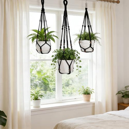 YIBOT Black Macrame Plant Hanger Indoor Hanging Planter Basket - color: Black Wooden Beads, size: 35+29+23Inch