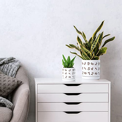 D'vine Dev Set of 2 Ceramic Planter Pots with Drainage Hole and Saucer, 6 Inch Plant Pots for Plants Indoor Houseplants, White, 99-Z-B-1-Y - size: 6", style: Numbers White