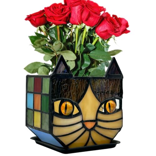 Yellow Cat Plant Pot with Drainage,Cute Planters for Indoor Plants,Stained Glass Cat Flower Pots,Fun Candle Holder Glass Container,Gifts for Gardeners Woman - color: Black-yellow