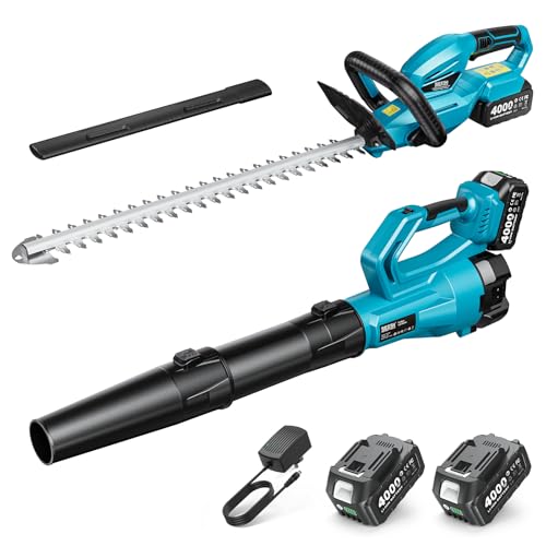 SEESII Cordless Hedge Trimmer and Leaf Blower Combo, 2 Pcs 4.0Ah Batteries, Electric Handheld Bush Trimmer with 20" Dual-Action Blade, Lightweight Brushless Blower with 2 Speed Modes for Yard Garden - color: Dark Blue