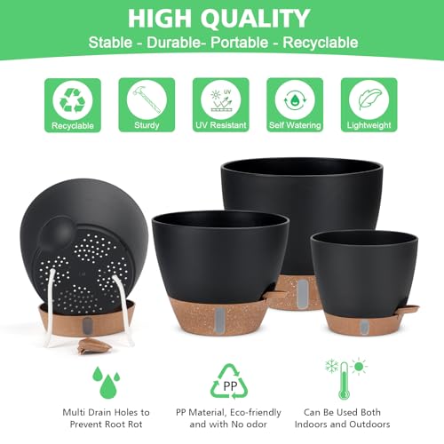 12" 10" 9" 8" Self Watering Pot for Indoor Plants, Large Plastic Planters Set with Water Level Indicator Deep Reservoir Tray, Bottom Watering Big Flower Pots with Mesh Drainage Hole - Black - color: Black