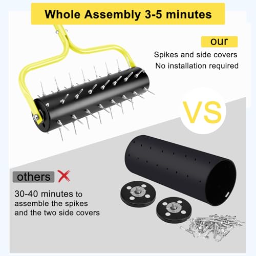21" Rolling Lawn Aerator, 45 Preassembled Spikes, Only Needs 3-5 Minutes to Assemble, No Looseness, Good Package, 75" Long Handle with Quick Clip Connections, U-Shape Construction - Yellow. - size: Yellow