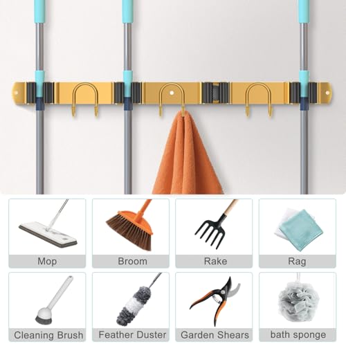Mop Broom Holder Wall Mount, 2 Packs Gold Stainless Steel Tool Storage Organizer for Kitchen Garden Garage Laundry Room Bathroom and RV with 4 Slots 6 Hooks - color: Gold-2 Pack