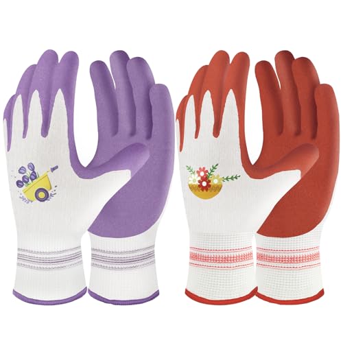 Velway 2 Pairs Gardening Gloves for Women - Breathable Rubber Coated Garden Work Gloves - Outdoor Protective Yard Gloves with Grip Gardening Gifts - Red & Purple Large - color: Red+purple, size: Large-2Pack