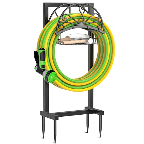Garden Hose holder, 4-Spike Heavy Metal with Storage Basket, Swirl - style: Floral with Storage Basket