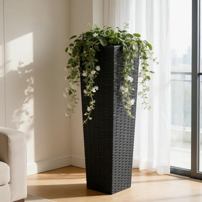 Tall Planter for Outdoor Plants Set of 2 | 32" Front Porch Planters Tall Resin Planters with Rattan Texture，Inner Pots Drainage Holes for Trees,Porch,Garden,Yard,Black